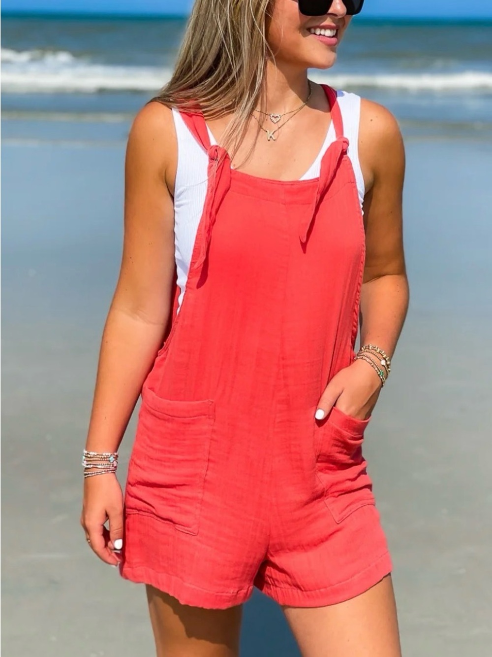 Lotus and Luna, small, Boardwalk Romper in Bright Coral, 100% cotton